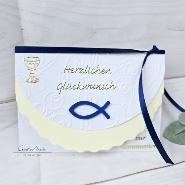Glückwunschkarte Weiß-Creme Holzfisch blau-gold zur Kommunion